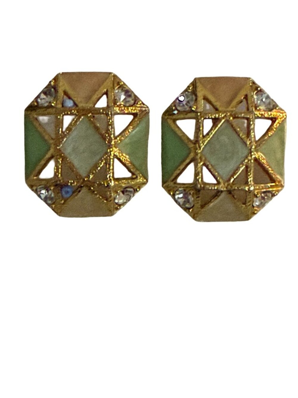 Vintage Avon Geometric Enamel Rhinestone Gold Tone Stud Earrings Green Gray